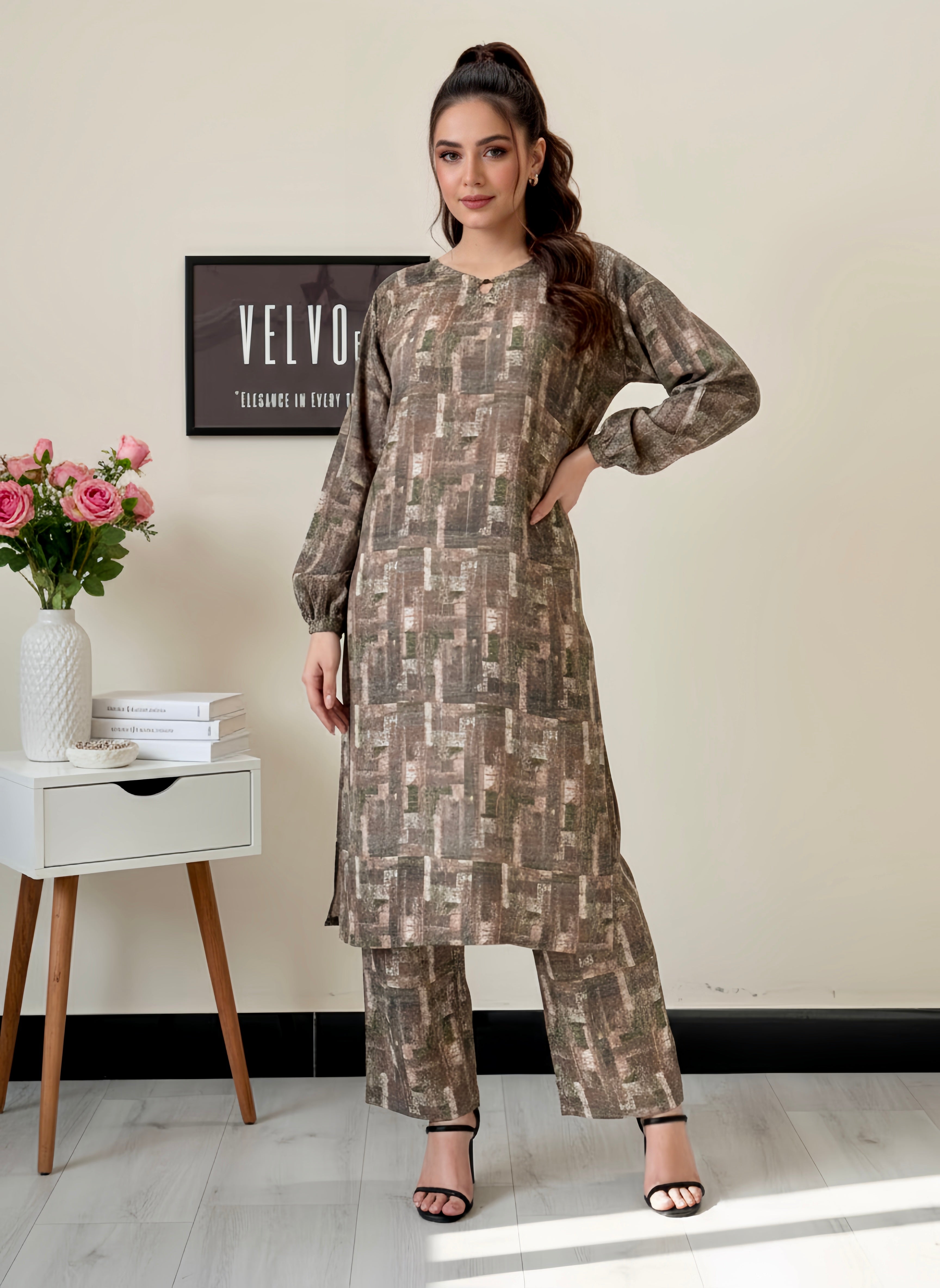 Abstract geometric print woven linen blend fabric 2pc