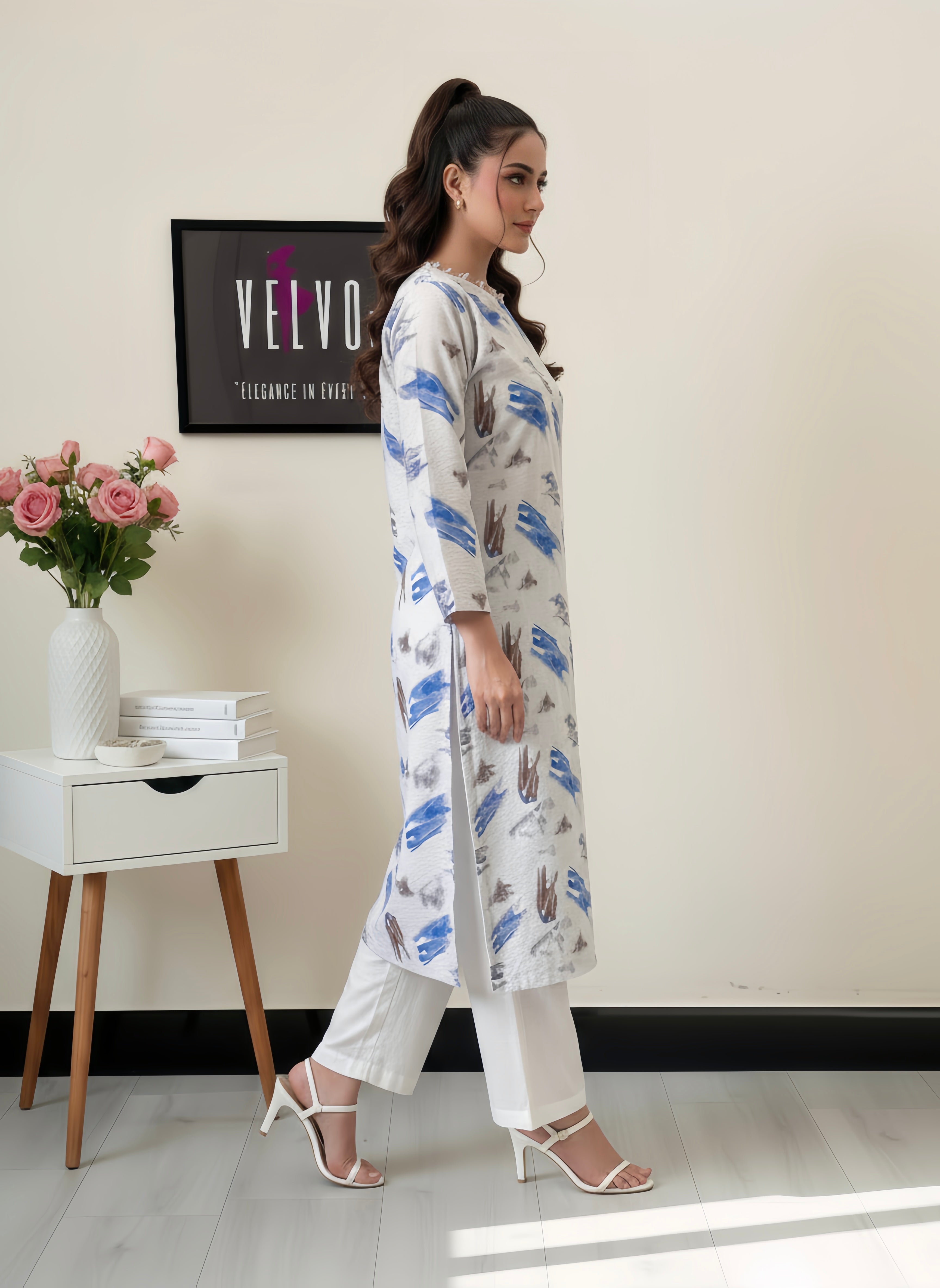 Brush stroke print with woven linen textured fabric 2-pc