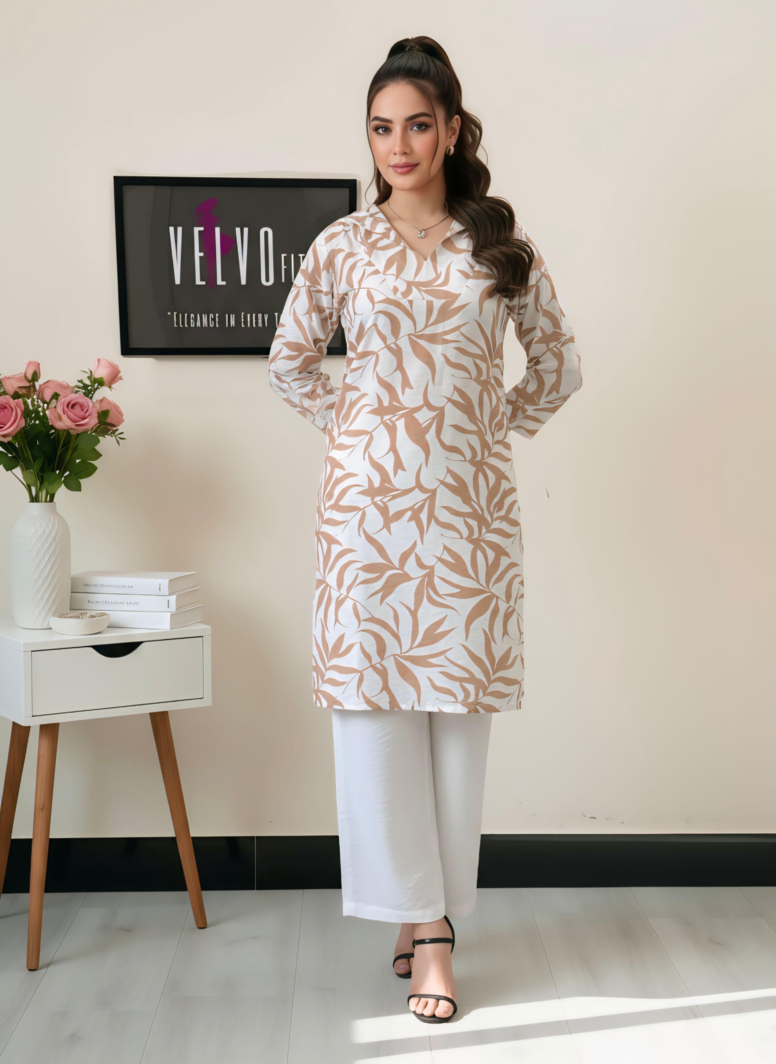 leaf pattern with linen blend fabric 2Pc