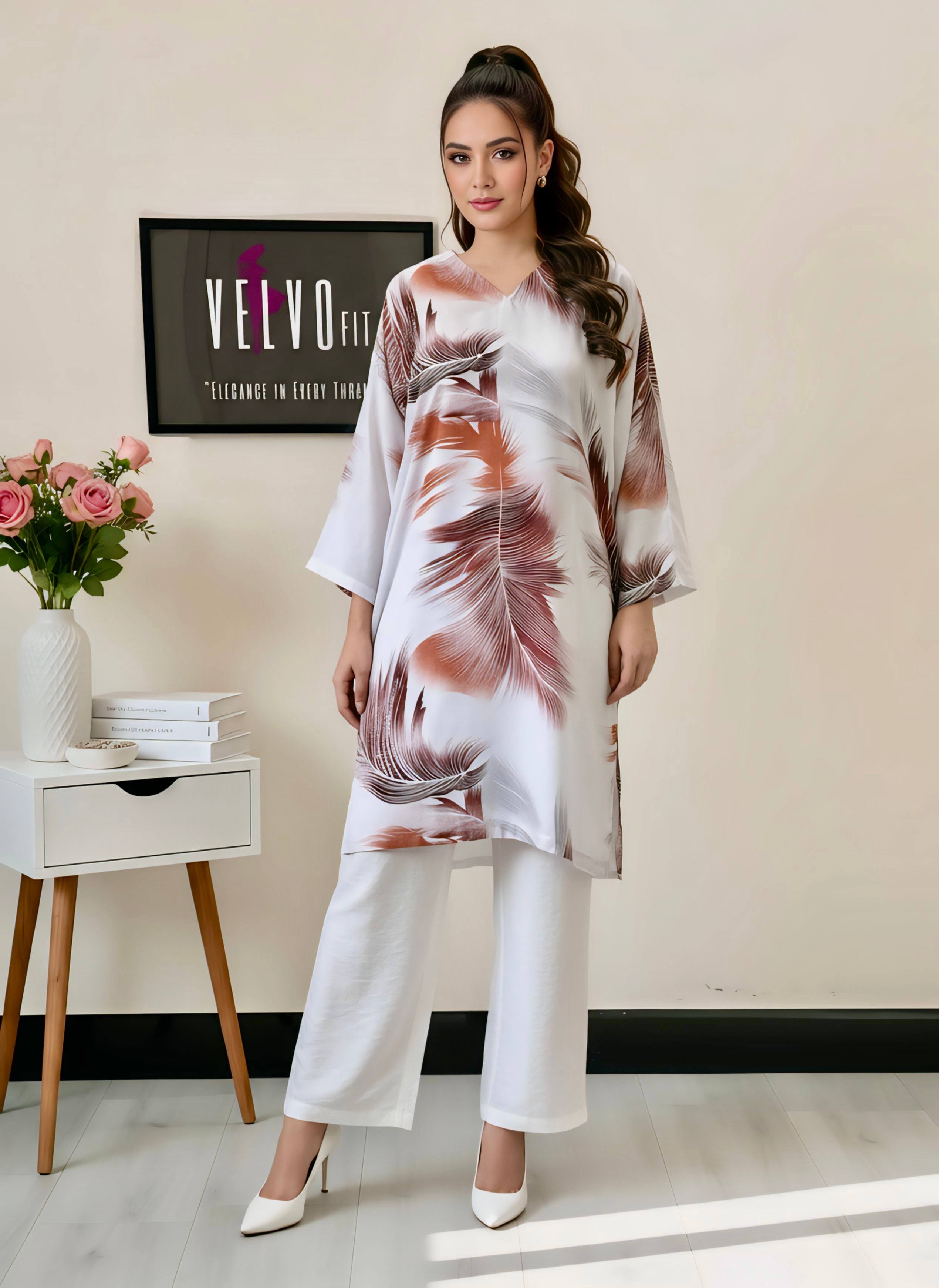 Feather print design blend linen stuff 2Pc