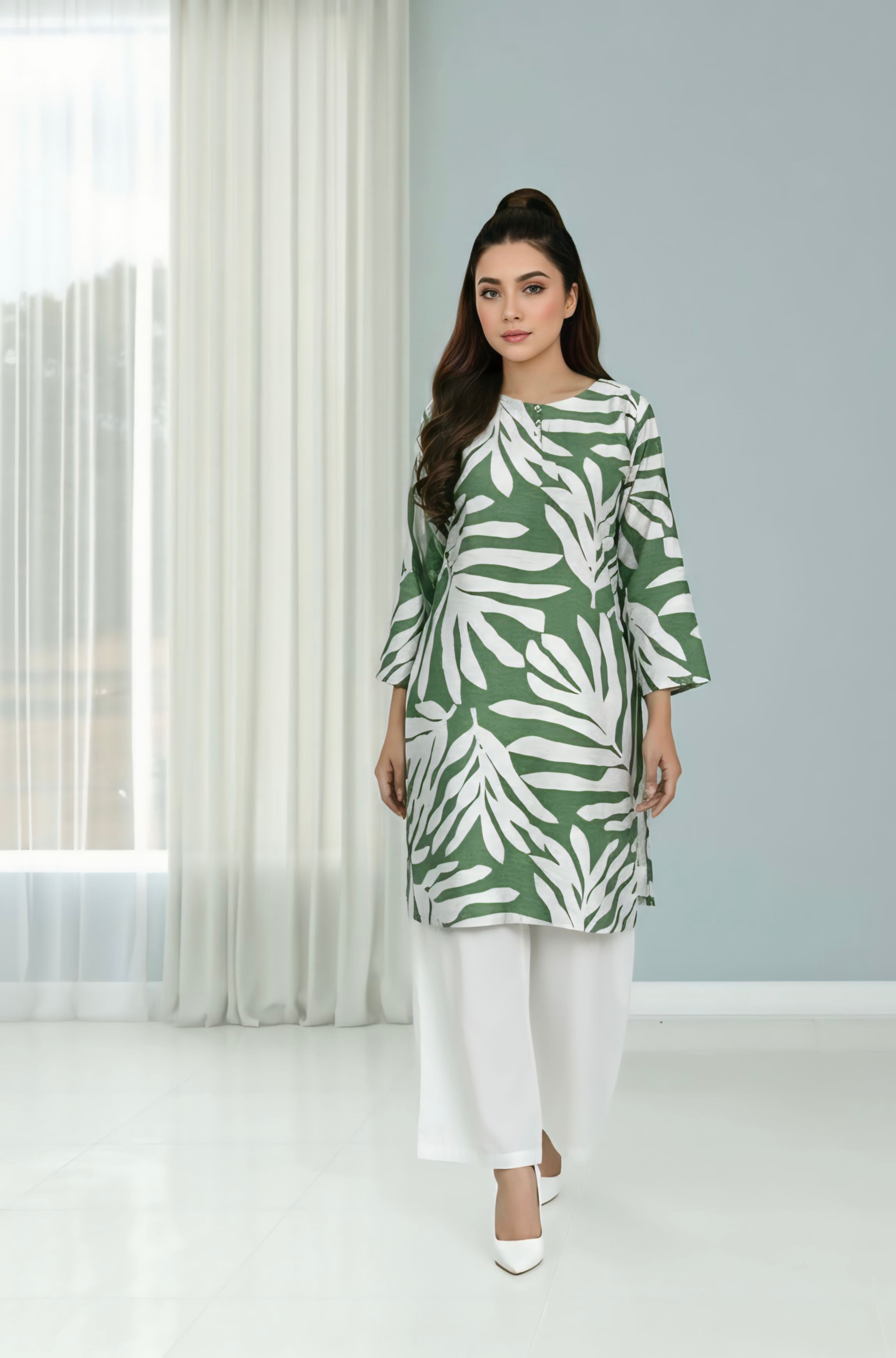 Tropical leaf cotton blend linen fabric