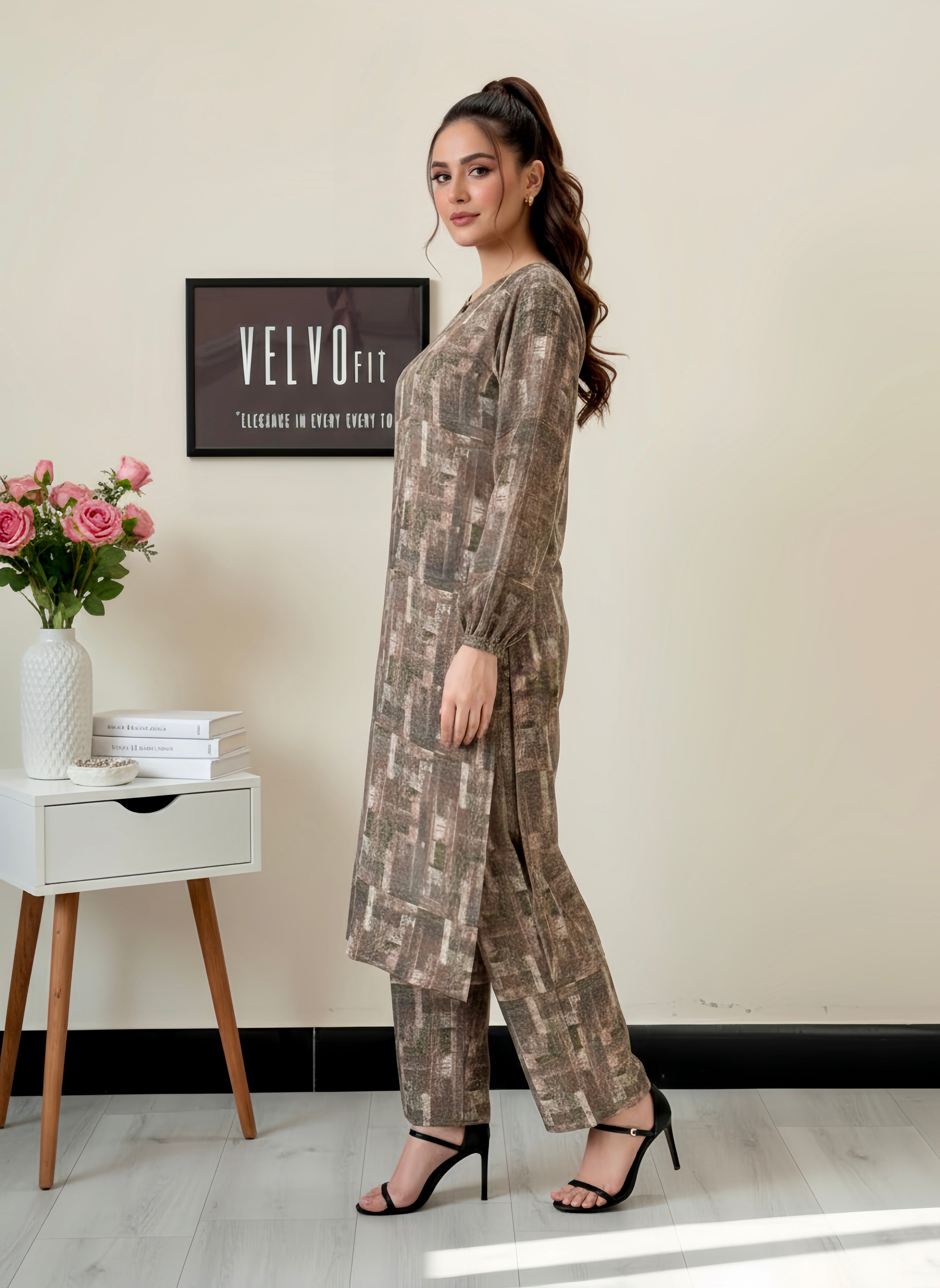Abstract geometric print woven linen blend fabric 2pc