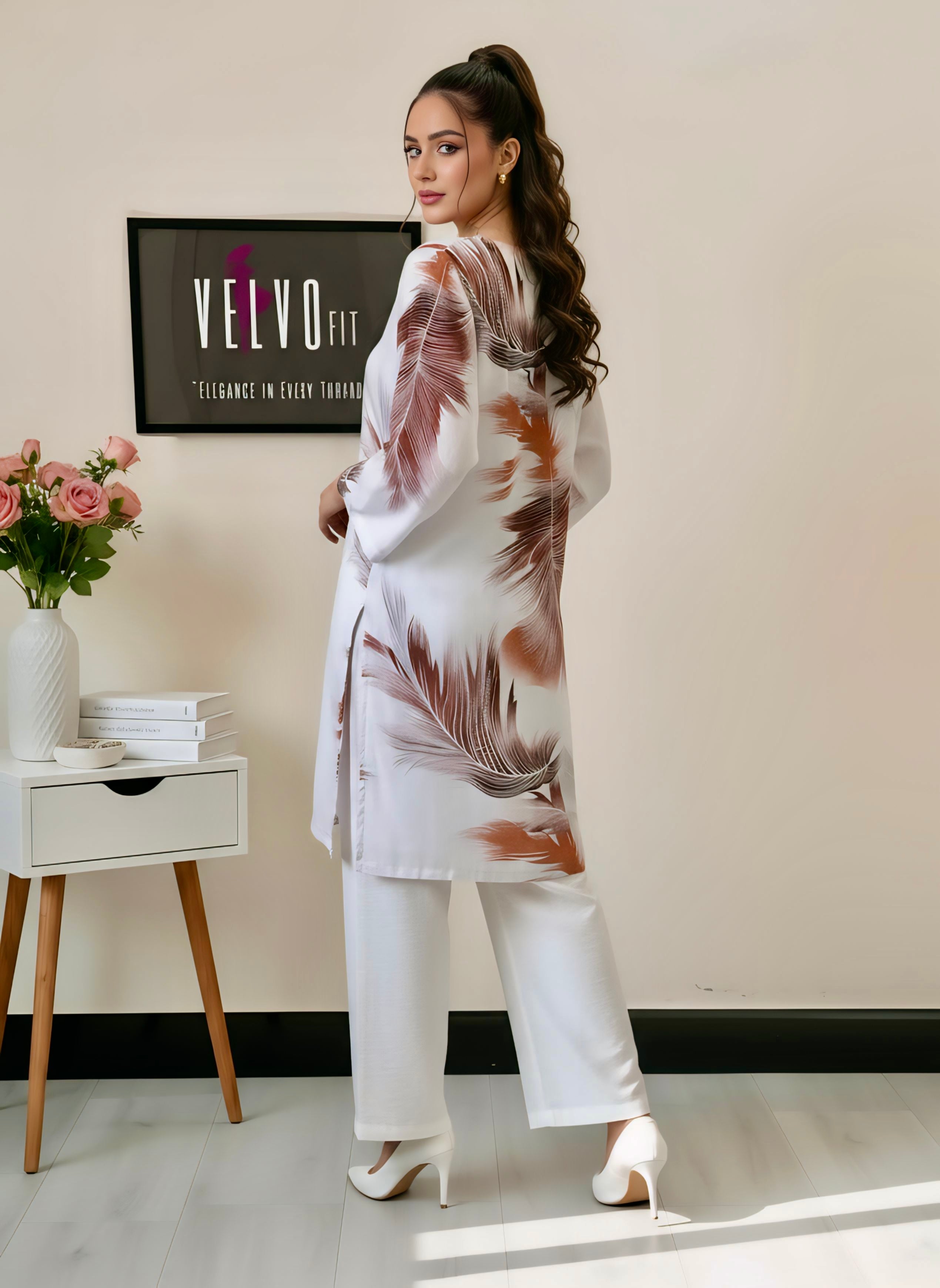 Feather print design blend linen stuff 2Pc