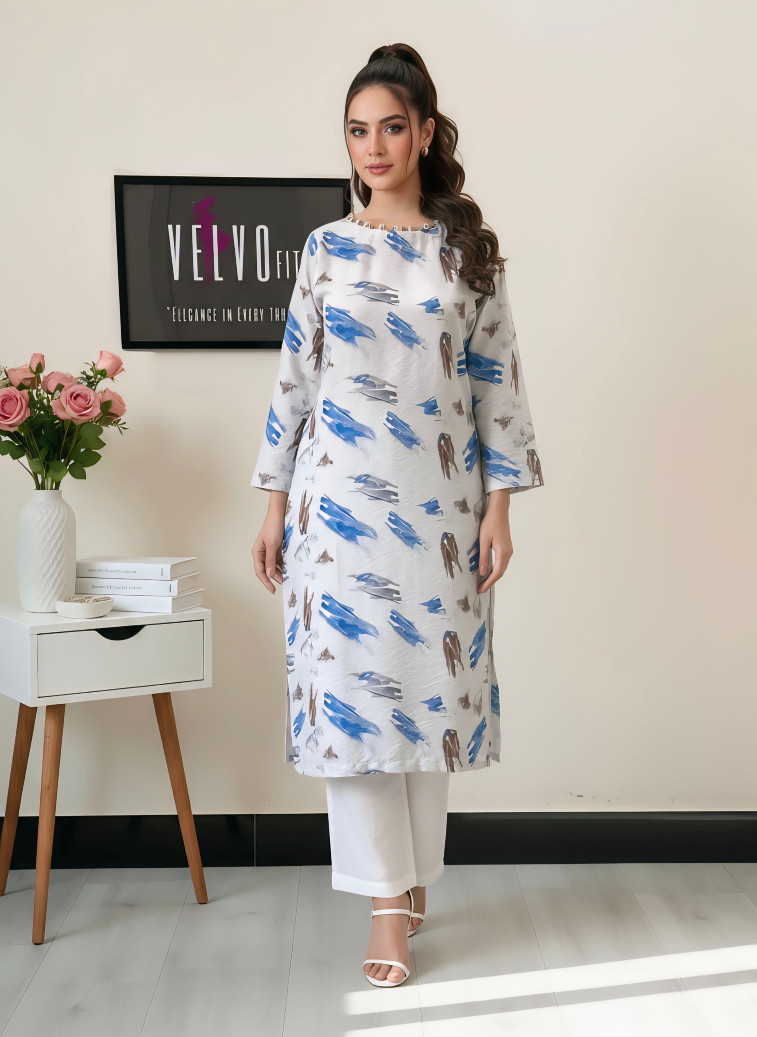 Brush stroke print with woven linen textured fabric 2-pc