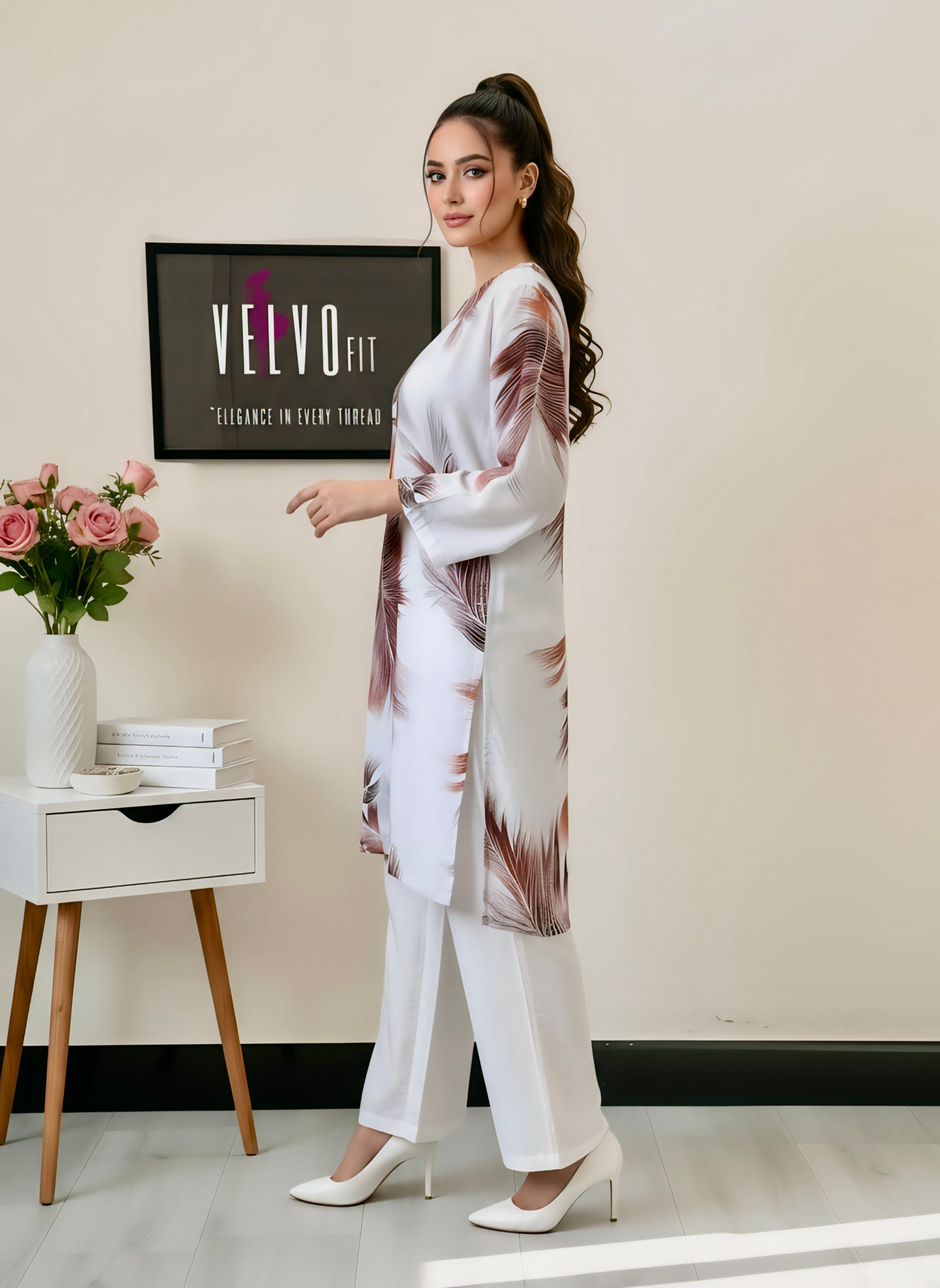 Feather print design blend linen stuff 2Pc