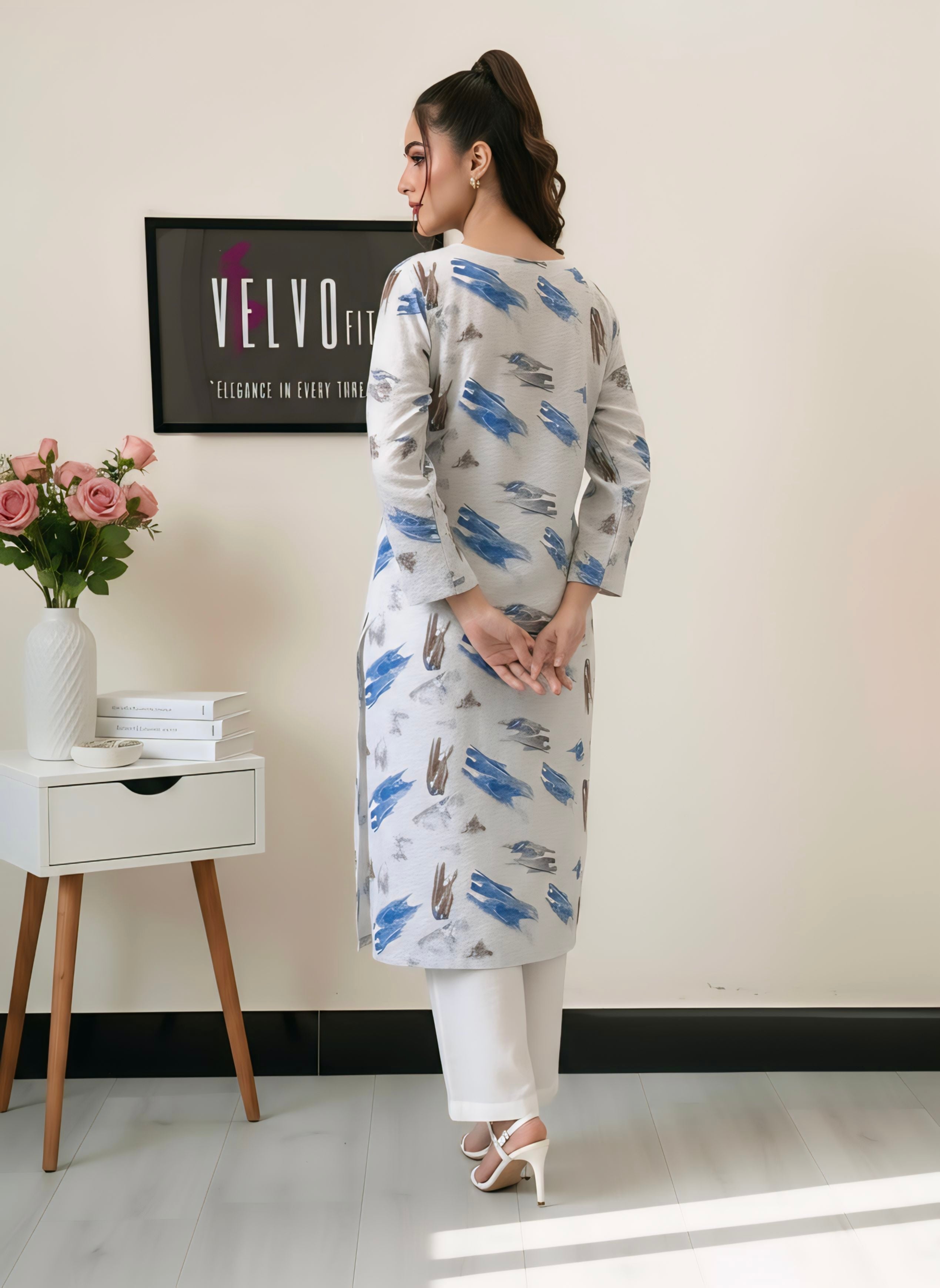 Brush stroke print with woven linen textured fabric 2-pc