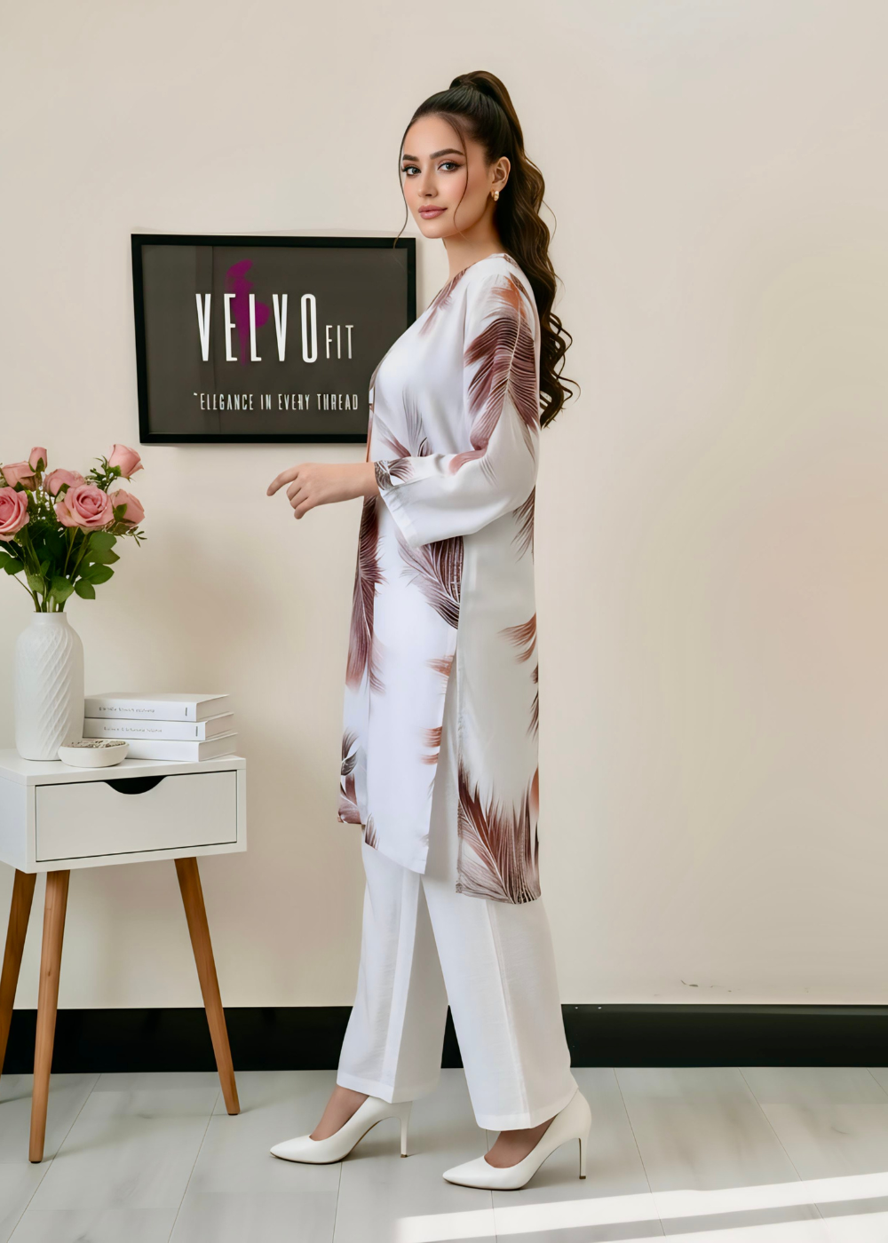 Feather print design blend linen  stuff 2Pc