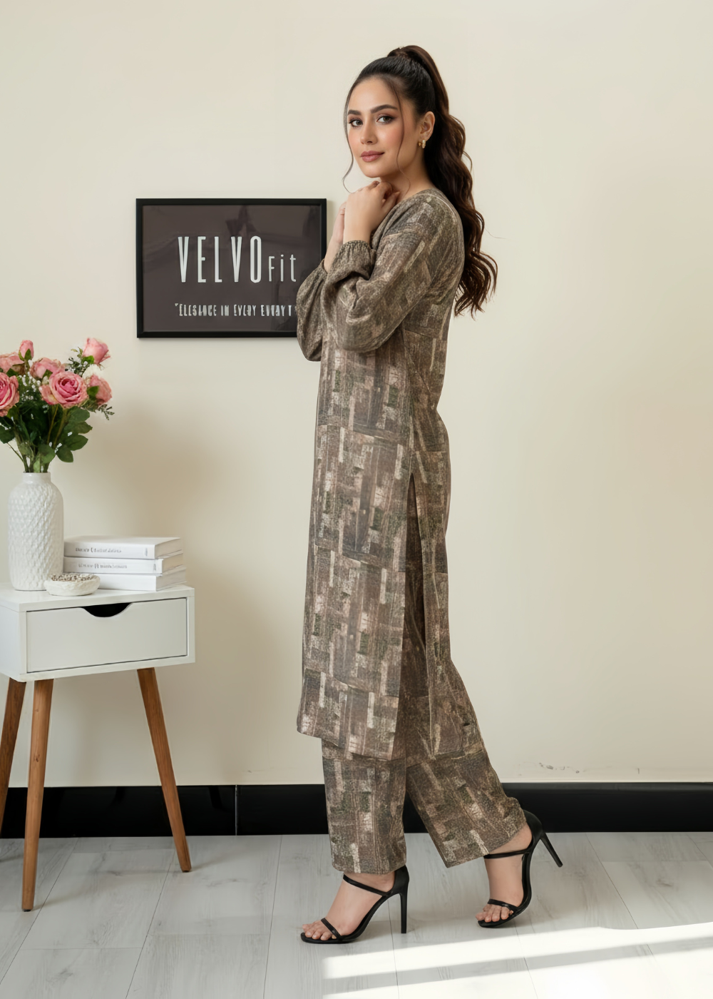 Abstract geometric print woven Rayon blend winter fabric 2pc