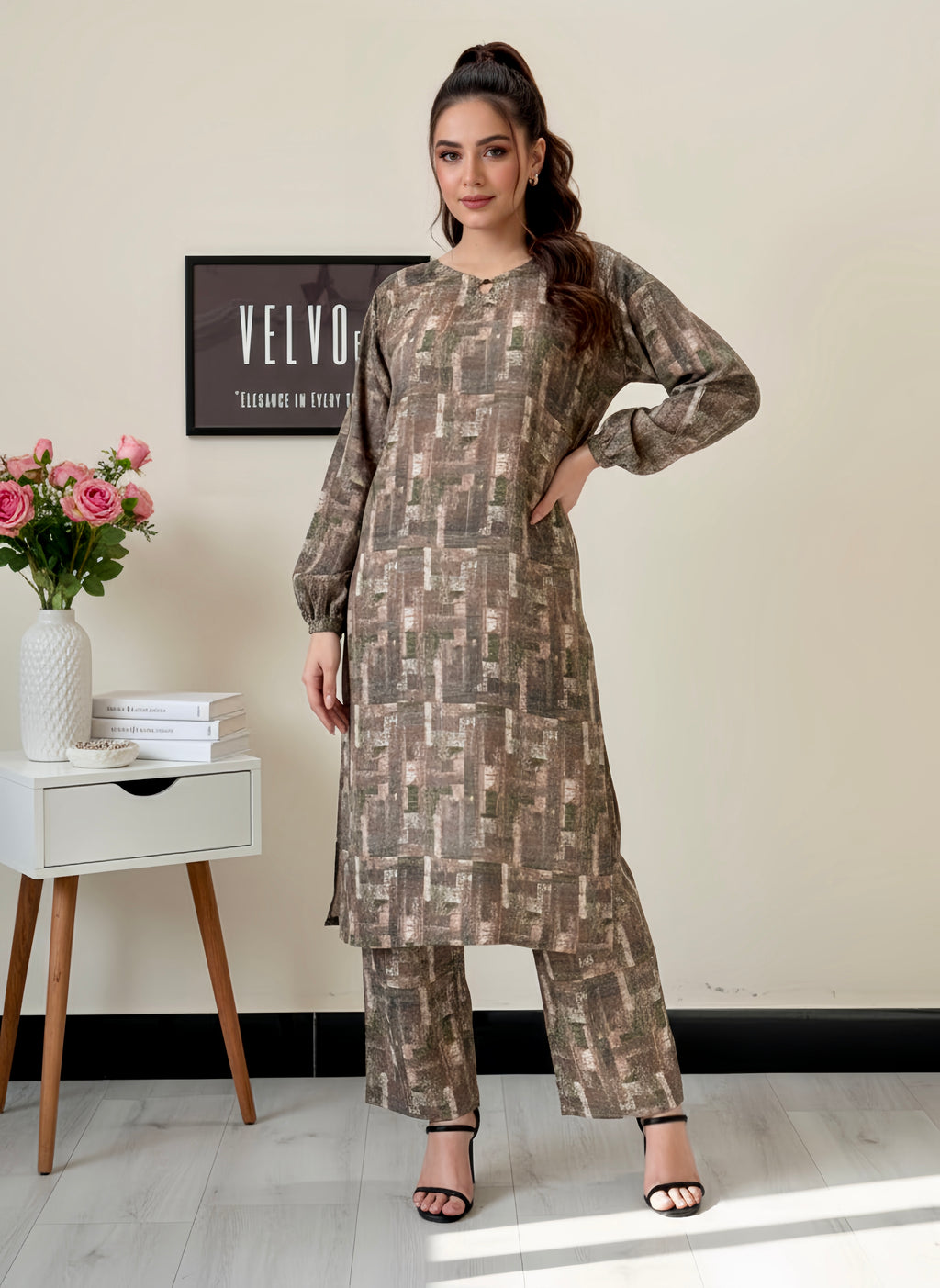 Abstract geometric print woven linen blend fabric 2pc