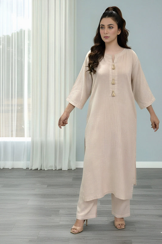 self textured winter strip linen fabric 2Pc