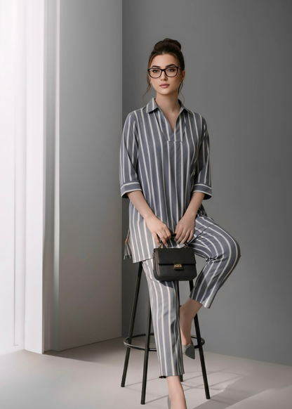 Grey strip lining check co-ord set