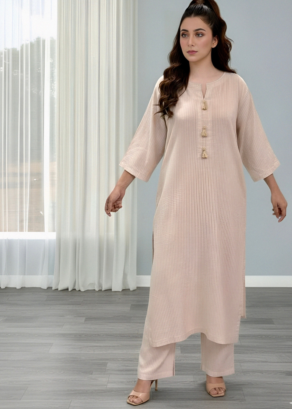 self textured winter strip linen fabric 2Pc