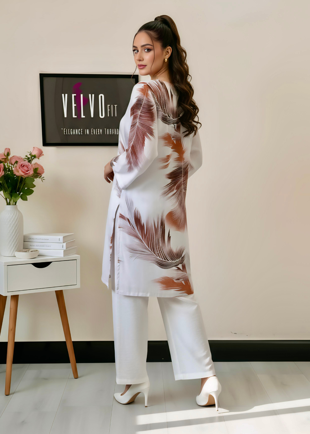 Feather print design blend linen  stuff 2Pc