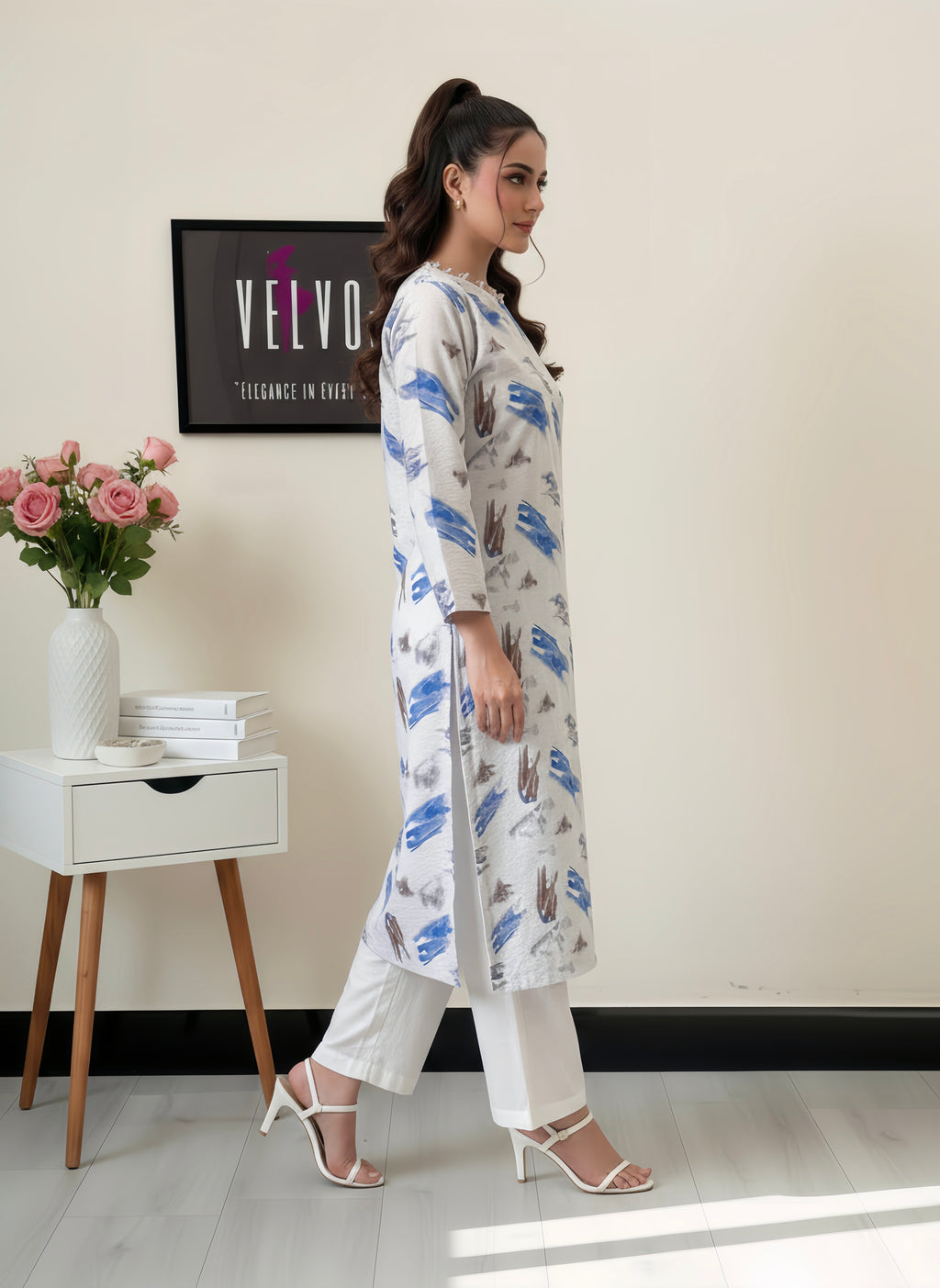 Brush stroke print with woven linen textured fabric 2-pc