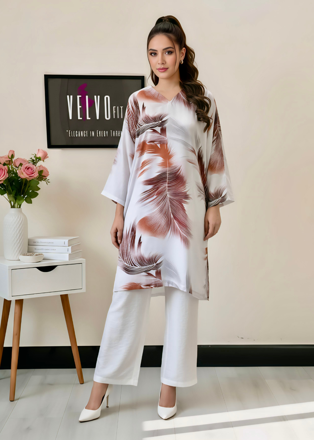 Feather print design blend linen  stuff 2Pc