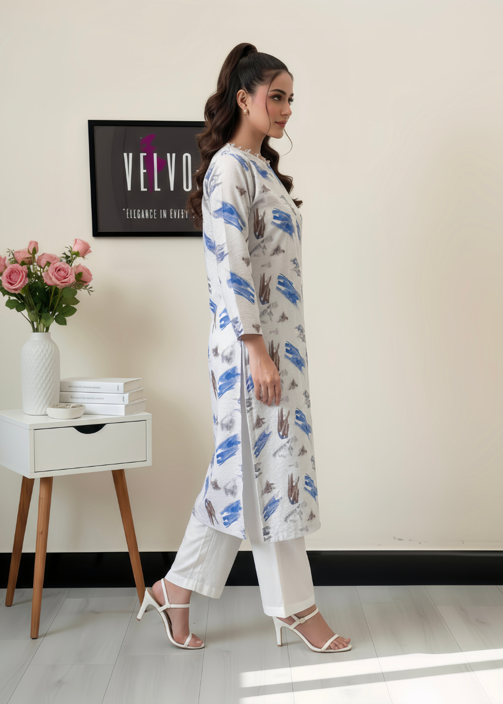 Brush stroke print with winter Rayon textured fabric 2-pc