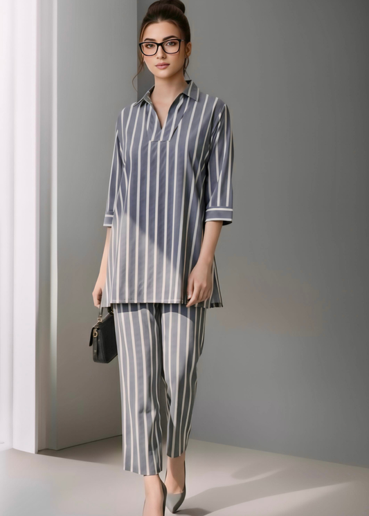 Grey strip lining check co-ord set