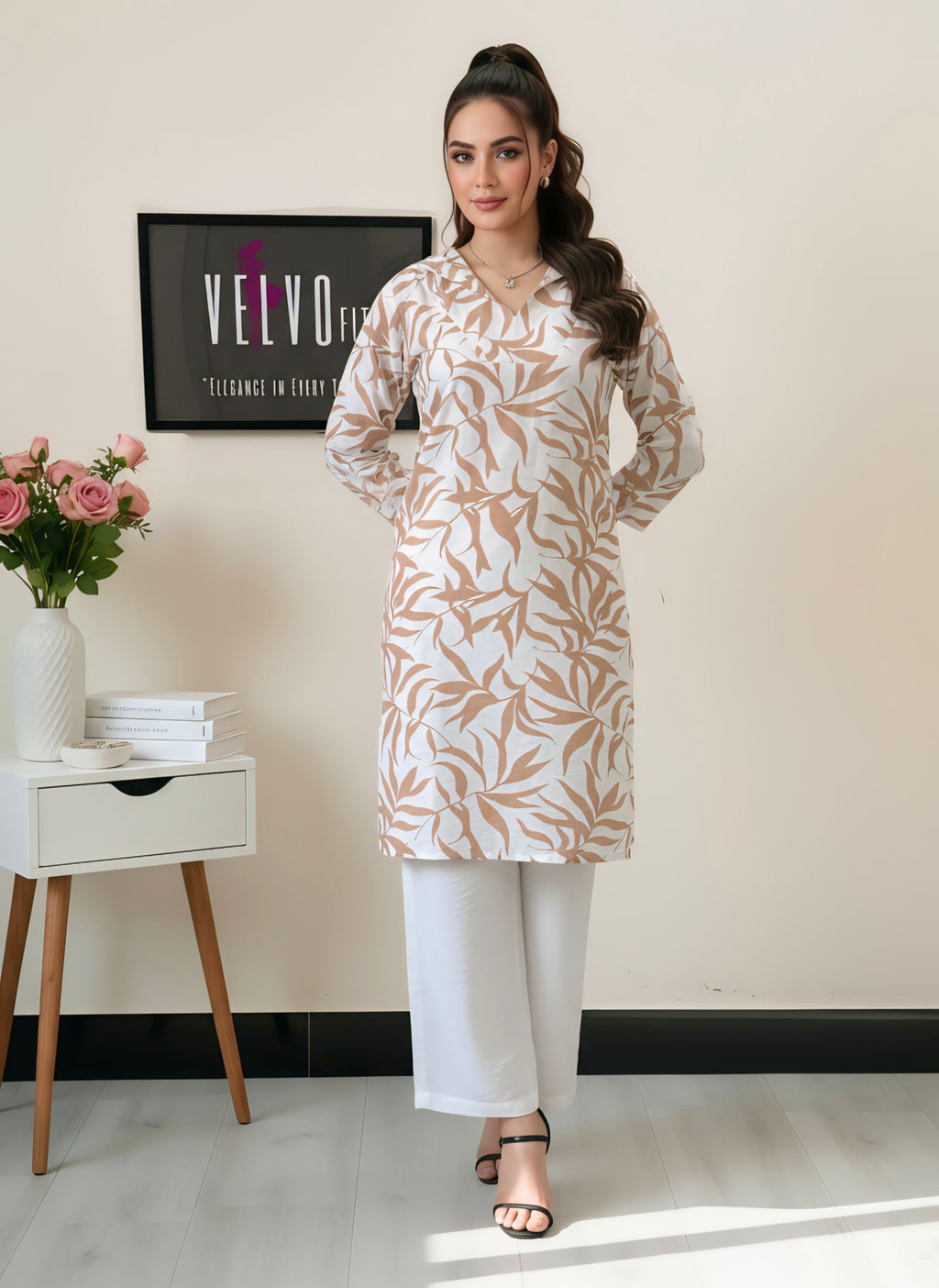 leaf pattern with linen blend fabric 2Pc