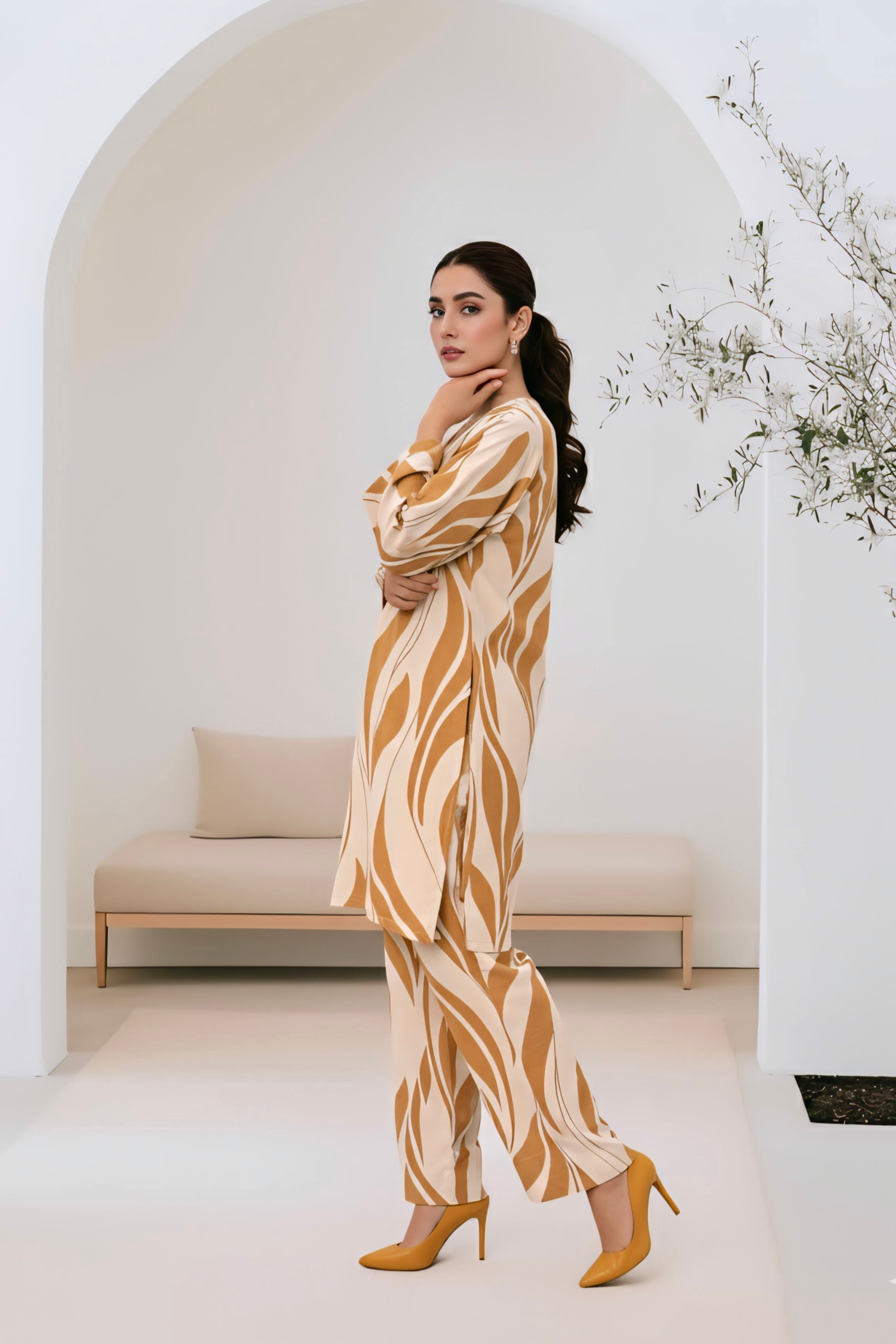 Blend linen wavy pattern dress