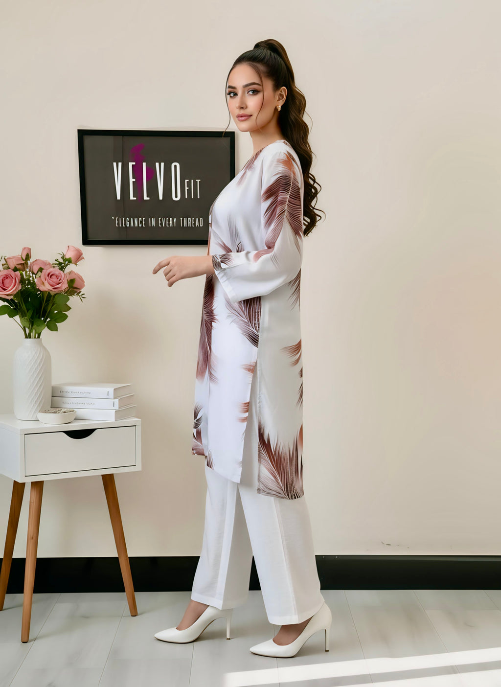 Feather print design blend linen stuff 2Pc