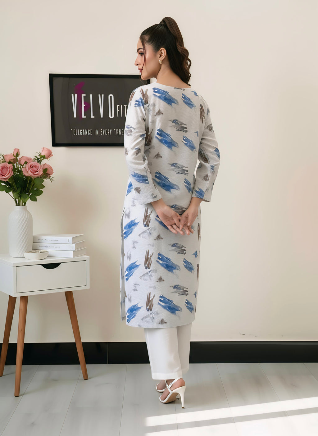 Brush stroke print with woven linen textured fabric 2-pc
