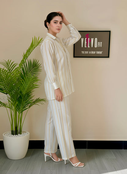 Winter cotton off White stripped lining co ord-set